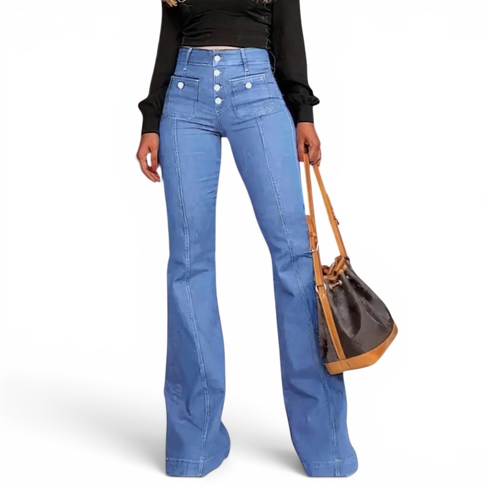 High Waist Button Fly Flare Jeans Patch Pocket 70s Y2K Bell Bottom Medium Wash